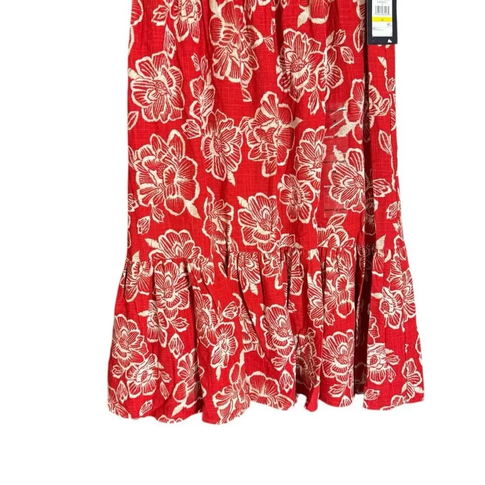 NWT Nautica Jeans Red High Waist Cotton Blend Floral Maxi Skirt Size Medium